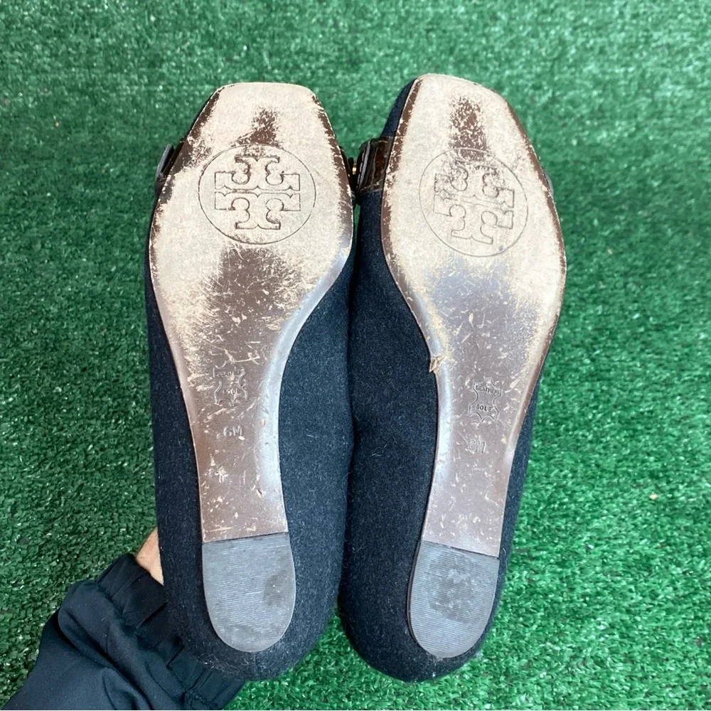 Tory Burch Black Flannel‎ “Martha” Flats Chain Link Womens Size 6 M